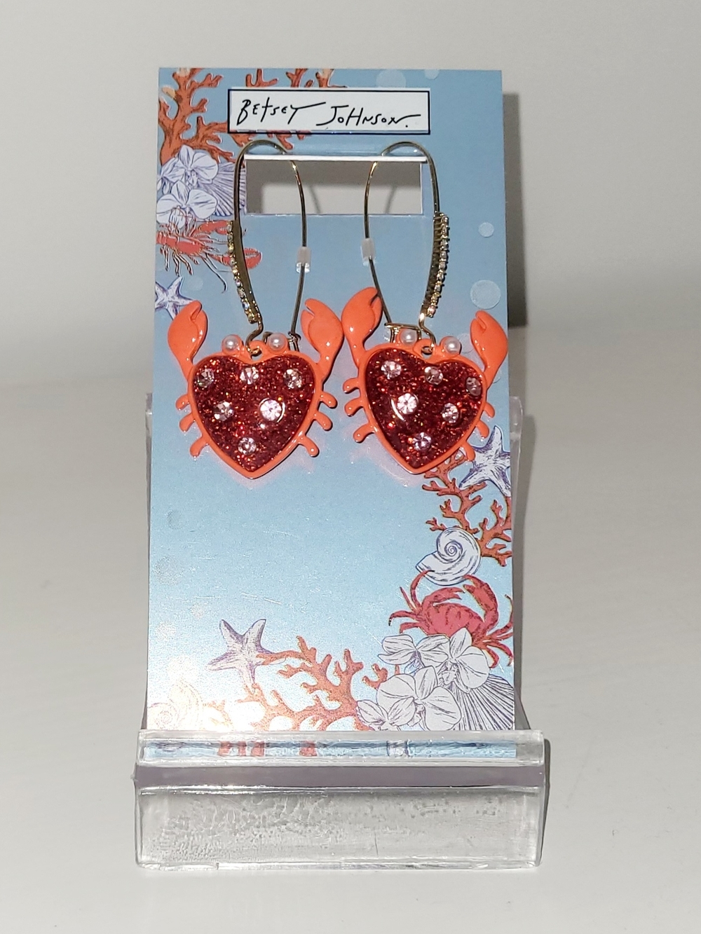 Betsey Johnson Red Heart Crab Drop Earrings with Red Glitter - Picture 3 of 3